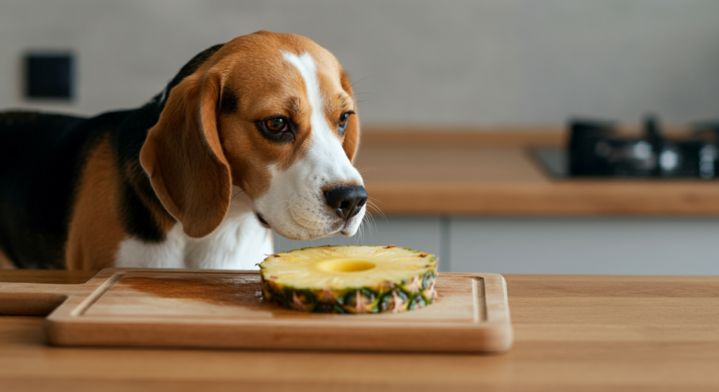 **Alt Text:** A curious Beagle standing near a kitchen counter, intently sniffing a fresh slice of pineapple on a wooden cutting board. The clean, modern kitchen setting highlights the natural curiosity of dogs and the importance of understanding which human foods are safe for them.