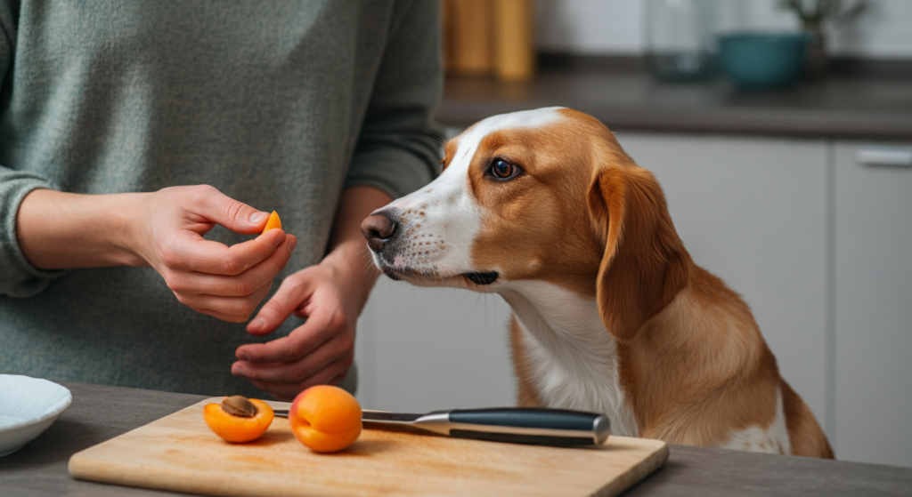 A dog intently looking at a piece of fresh apricot held by its owner in a kitchen setting. A sliced apricot with the pit removed lies on a cutting board beside a knife