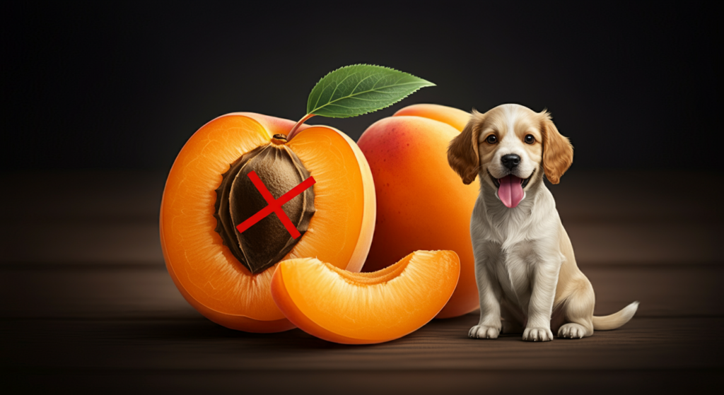 A cute puppy sitting next to a sliced apricot with a red cross over the pit, highlighting the danger of apricot pits for dogs. The fresh apricot slice is displayed on a wooden surface with a dark background.