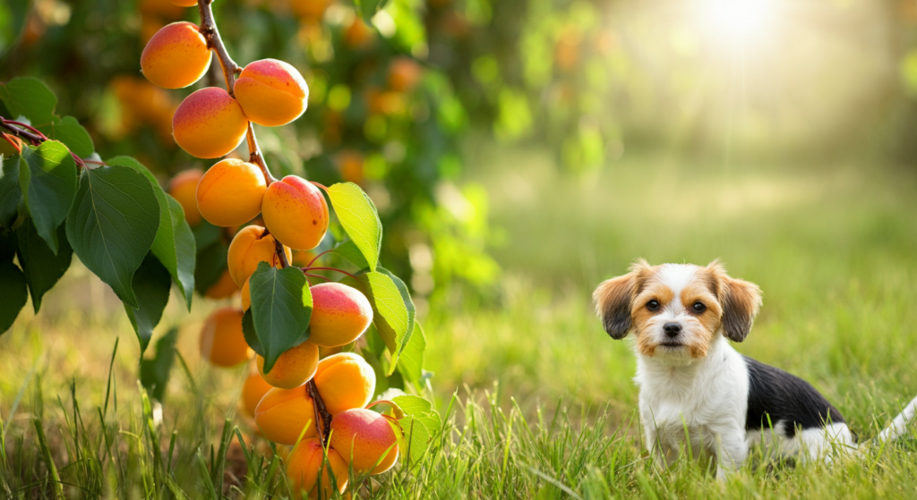 A small dog sitting in a sunny orchard next to a branch of ripe apricots hanging from a tree, with a soft, glowing background.