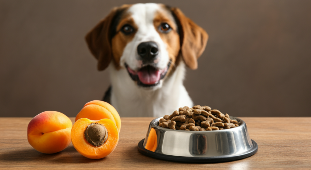 A happy dog sitting behind a bowl of kibble and fresh apricots, with one sliced open to show the pit, on a wooden table