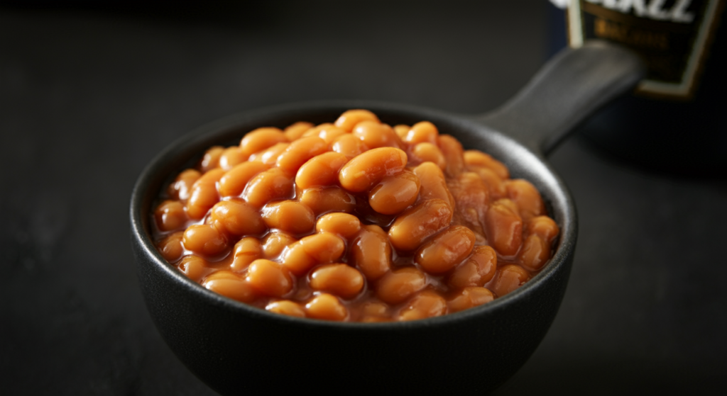 "A close-up of baked beans served in a black bowl with a rich, glossy texture, set against a dark background for contrast."