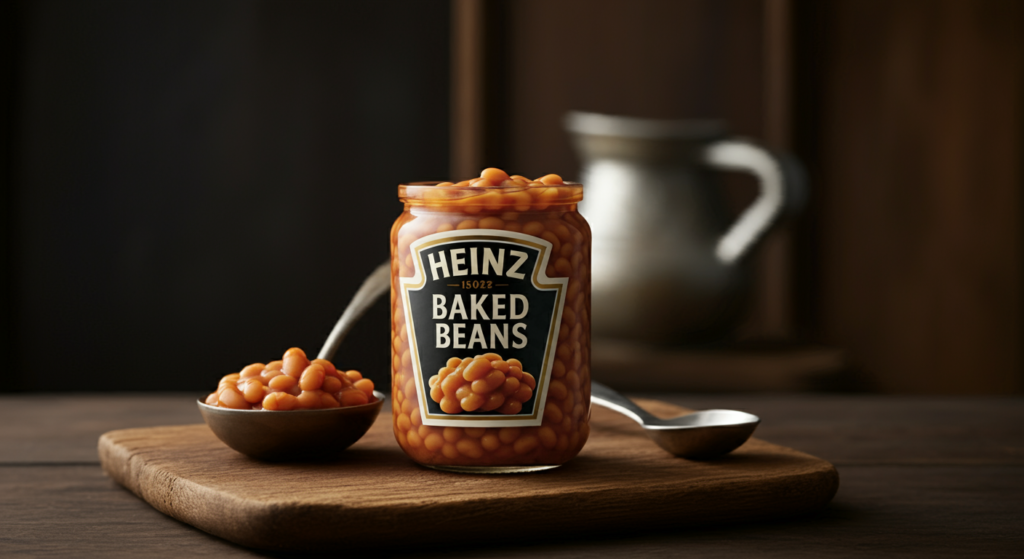 "A jar of Heinz baked beans placed on a wooden cutting board, accompanied by a spoonful of beans, set against a dark rustic background."