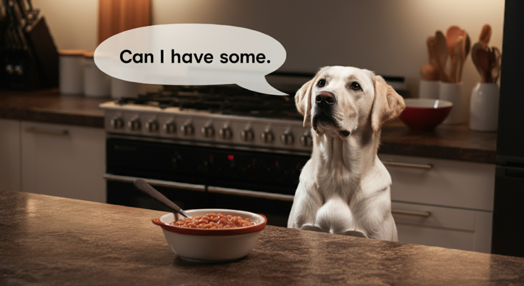 "A Labrador sitting at a kitchen counter, staring at a bowl of baked beans with a speech bubble saying, 'Can I have some?'"