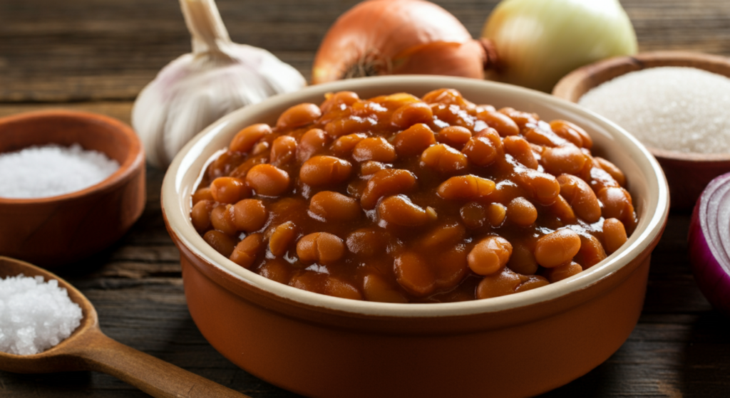 "A bowl of baked beans surrounded by garlic, onions, salt, and sugar on a rustic wooden table."