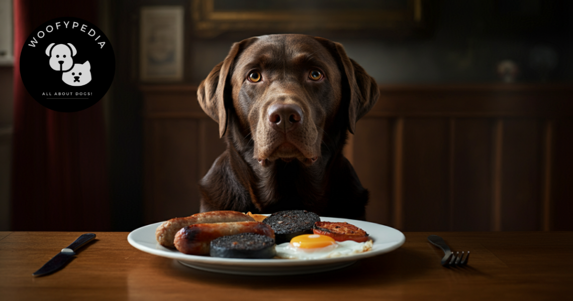 A chocolate Labrador sitting at a wooden table with a plate of traditional breakfast items including black pudding, sausages, eggs, and tomatoes.