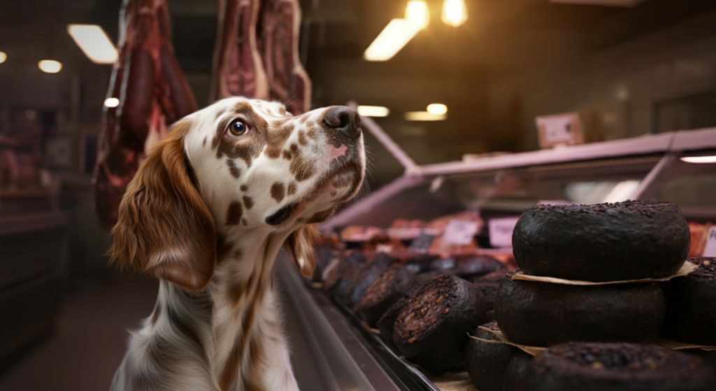 Dog standing near a butcher's counter, looking at stacks of black pudding with curiosity.