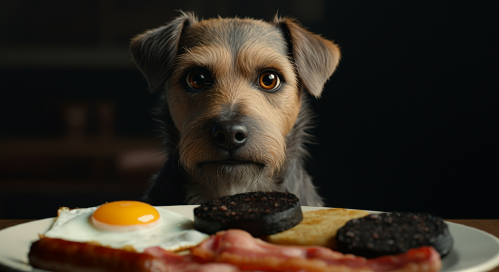 A small dog staring at a plate of traditional breakfast food, including black pudding, fried egg, bacon, and toast.