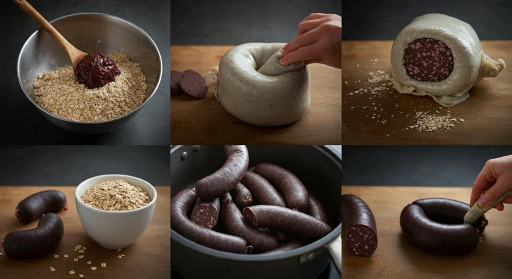 Step-by-step process of making black pudding, showing key stages like mixing oats and blood, stuffing into casings, and cooking.