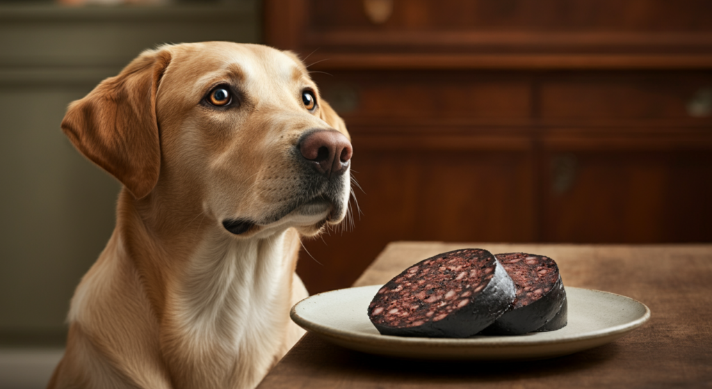A Labrador retriever curiously looking at a plate with slices of black pudding on a wooden table.