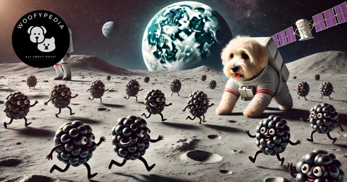 A playful scene of a dog wearing a space suit on the moon, chasing animated blackberries with tiny legs running away. The moon's craters and Earth in the background create a whimsical outer space setting.