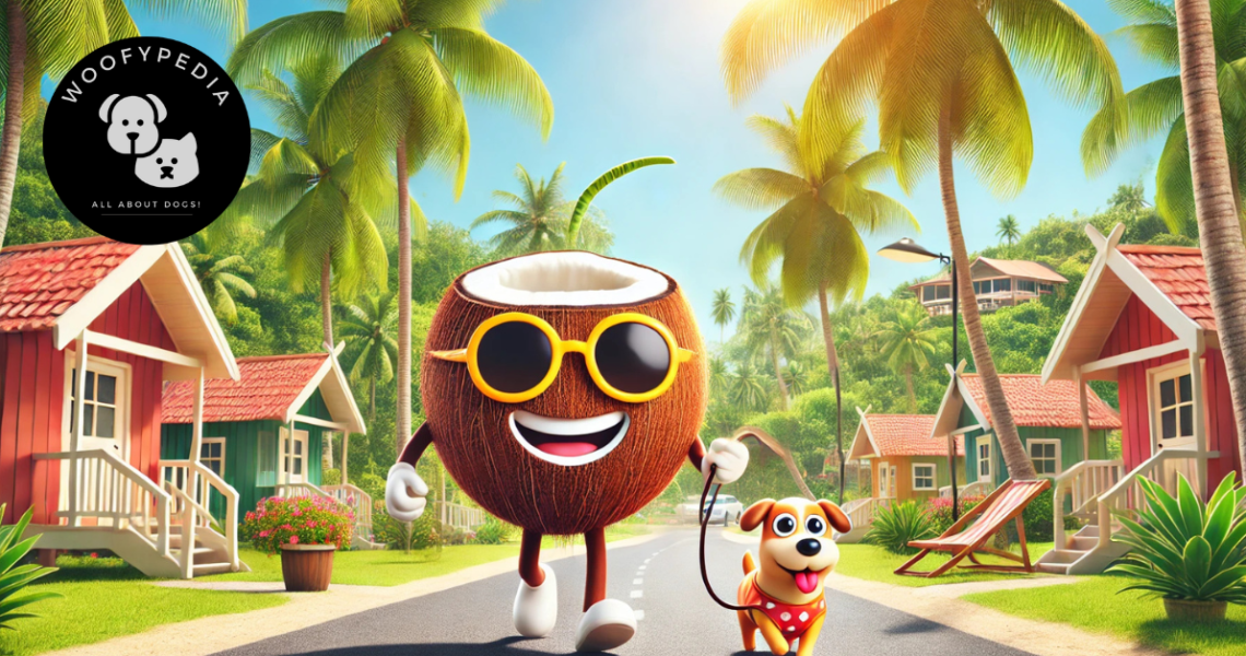 A cartoon coconut with sunglasses and a sunny smile walking a happy dog on a tropical road lined with palm trees and colourful beach huts.