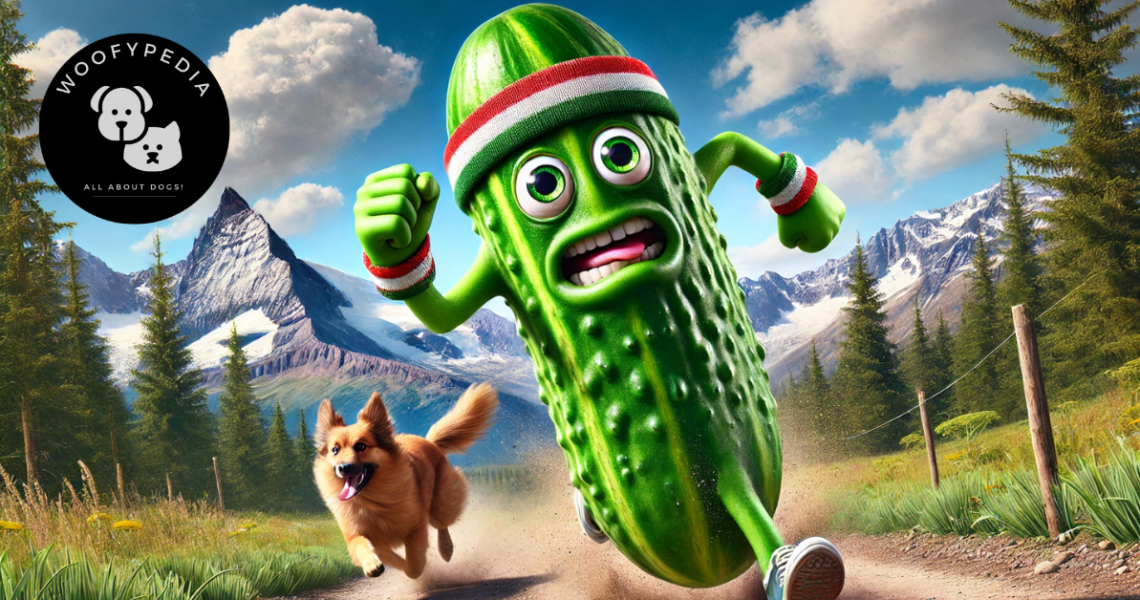 A highly detailed and colorful image of a cucumber running on a dirt trail, wearing a headband and sneakers, with a playful dog chasing it. The backdrop features stunning snowy mountains under a bright blue sky with fluffy clouds, creating a whimsical and dynamic scene.