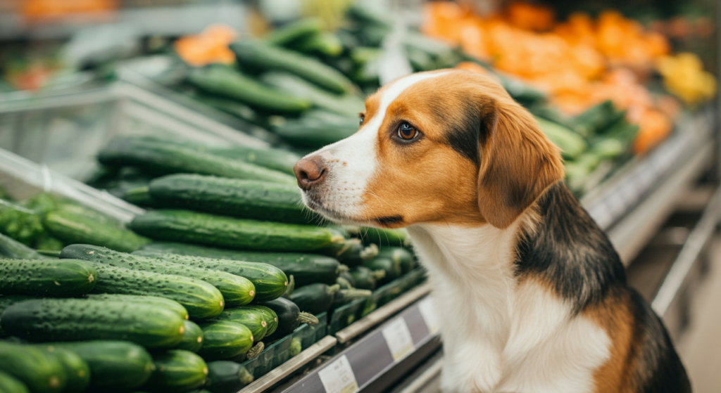 A curious dog standing next to a display of fresh cucumbers in a grocery store, with vibrant green cucumbers and colorful produce in the background.