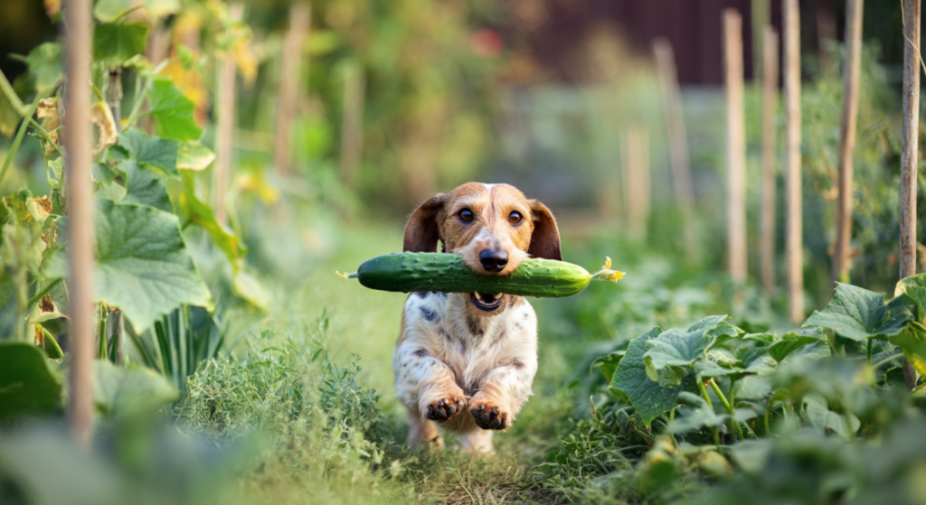 A cheerful dachshund running through a lush cucumber garden with a freshly picked cucumber in its mouth, surrounded by green plants and vines.