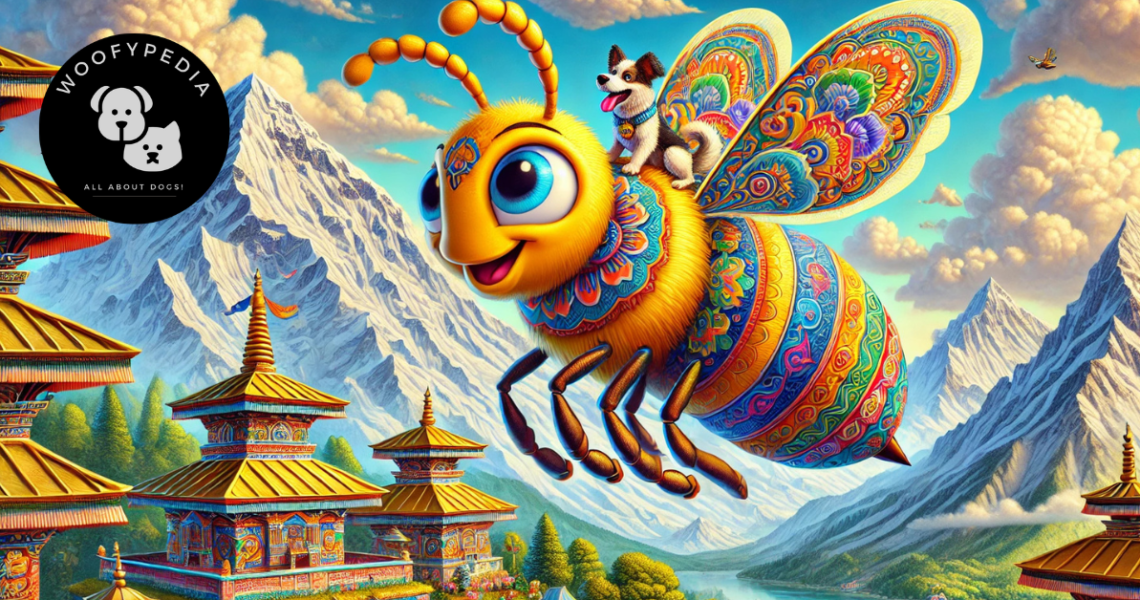 "A whimsical, ultra-high-definition illustration of a large, happy, and colourful bee with intricate patterns, flying through the sky. A joyful dog rides on its back, wagging its tail in excitement. The background features Mount Everest's majestic snow-covered peaks and a detailed, serene Buddhist temple surrounded by vibrant greenery and blue skies."