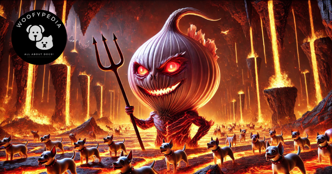 "An ultra-high-resolution illustration of an onion depicted as the devil in a fiery hellscape, with glowing red eyes, horns, and a menacing grin. The onion devil holds a pitchfork and oversees small captive dogs amidst flames, lava, and jagged rocks."