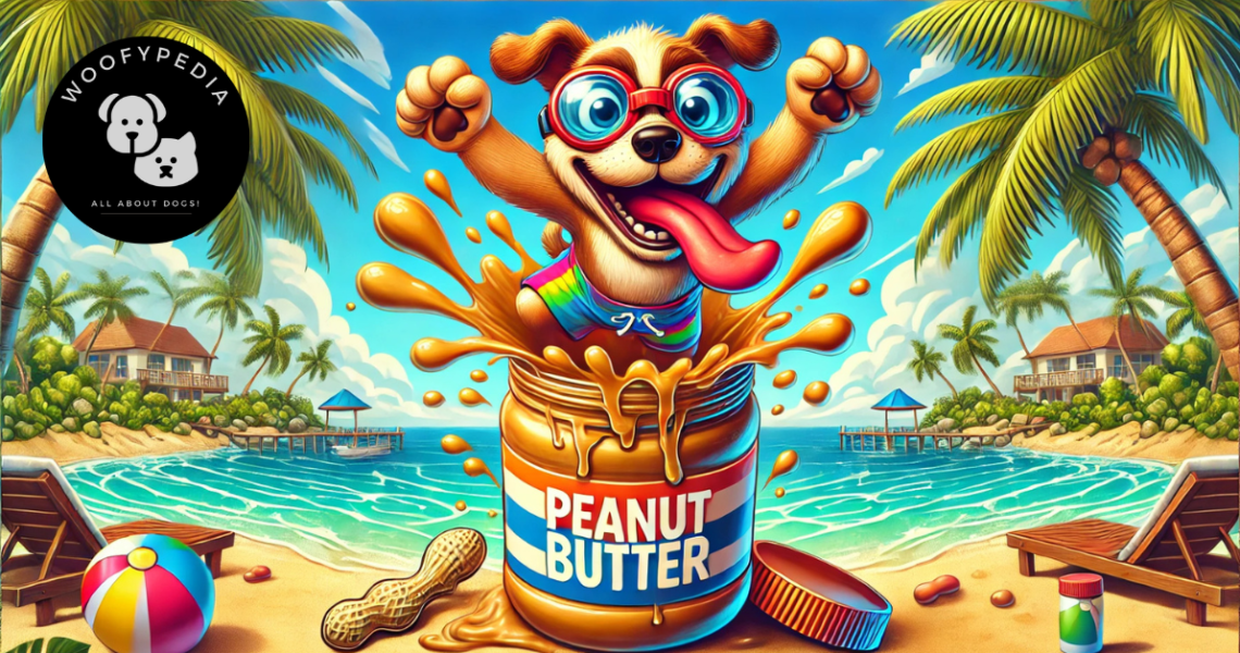 A cartoon-style image of a happy dog wearing colorful swim shorts and swimming goggles, diving excitedly into a giant jar of peanut butter on a sunny paradise island. The scene features a beach, palm trees, turquoise water, and playful details like a beach ball and peanuts.