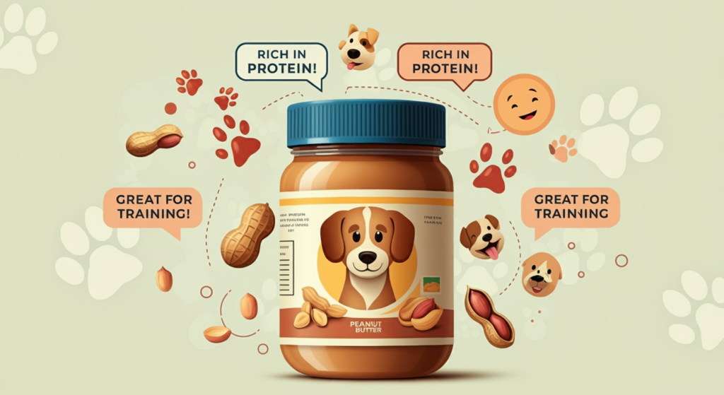 A cartoon-style jar of peanut butter with a dog illustration on the label, surrounded by peanuts, paw prints, and fun text bubbles that say "Rich in Protein!" and "Great for Training!" Playful dog faces and icons decorate the light pastel background.
