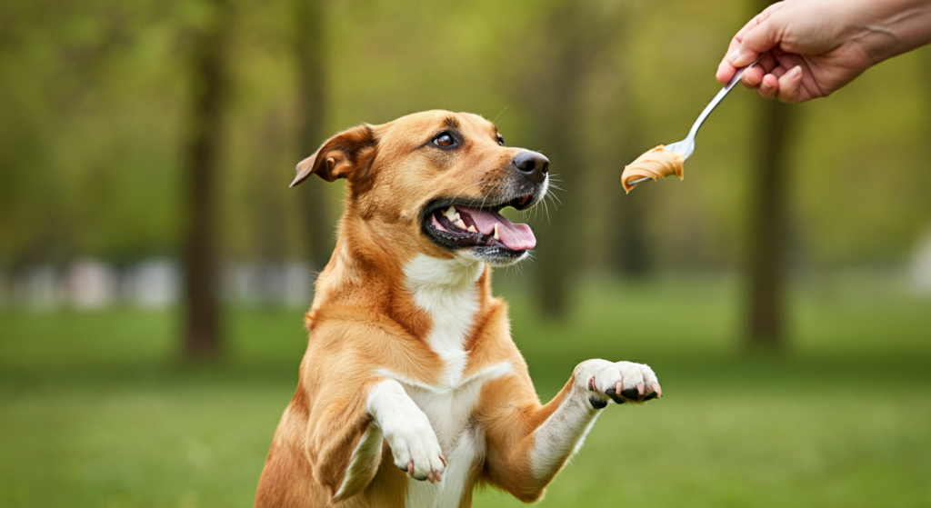 A happy dog standing on its hind legs in a park, eagerly reaching out with its front paws towards a spoonful of peanut butter held by a human hand.