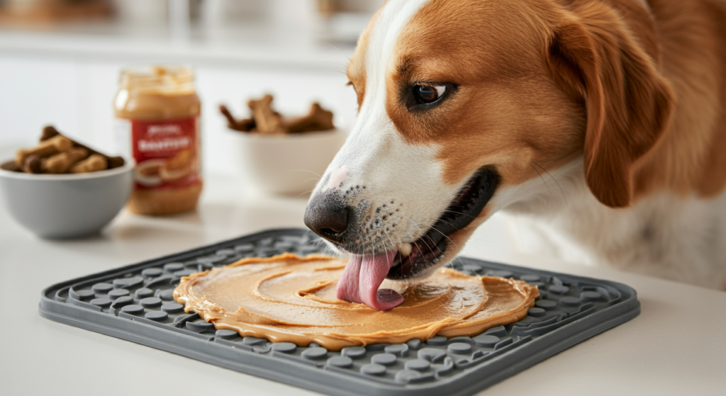 A close-up of a happy dog licking peanut butter spread across a textured grey lick mat. The background includes a jar of peanut butter and a bowl of dog treats on a white kitchen countertop.