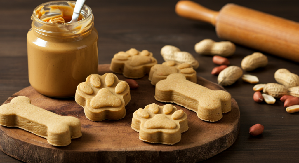 Homemade peanut butter dog treats shaped like bones and paw prints on a wooden board, accompanied by a jar of peanut butter, scattered peanuts, and a rolling pin in the background.