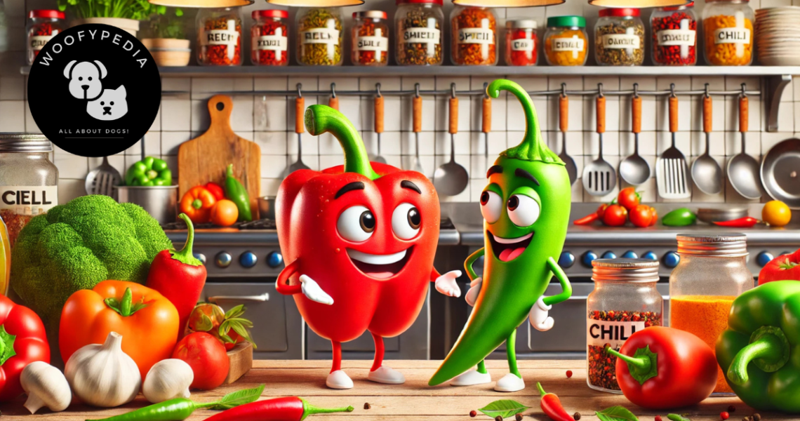 "An ultra-high-definition illustration of a happy red bell pepper and a green chili pepper having an animated discussion in a professional kitchen. The kitchen is bright and filled with colorful restaurant ingredients, including fresh produce, jars of spices, and cooking utensils."