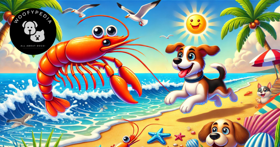 A colourful cartoon illustration of a prawn playfully chasing a dog along a sunny beach, with waves in the background, seagulls in the sky, and beach elements like shells and starfish scattered on the sand. The dog looks joyful, running with its tongue out, while the prawn has a mischievous expression.