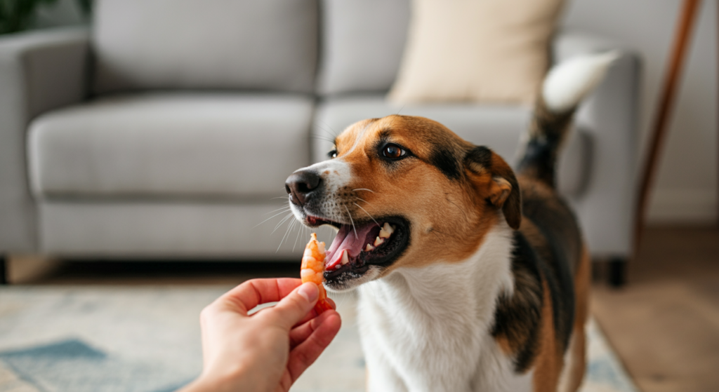 A close-up of a dog being hand-fed a cooked prawn in a cosy living room setting, with a neutral-coloured sofa in the background. The dog looks eager and happy as it takes the treat from its owner