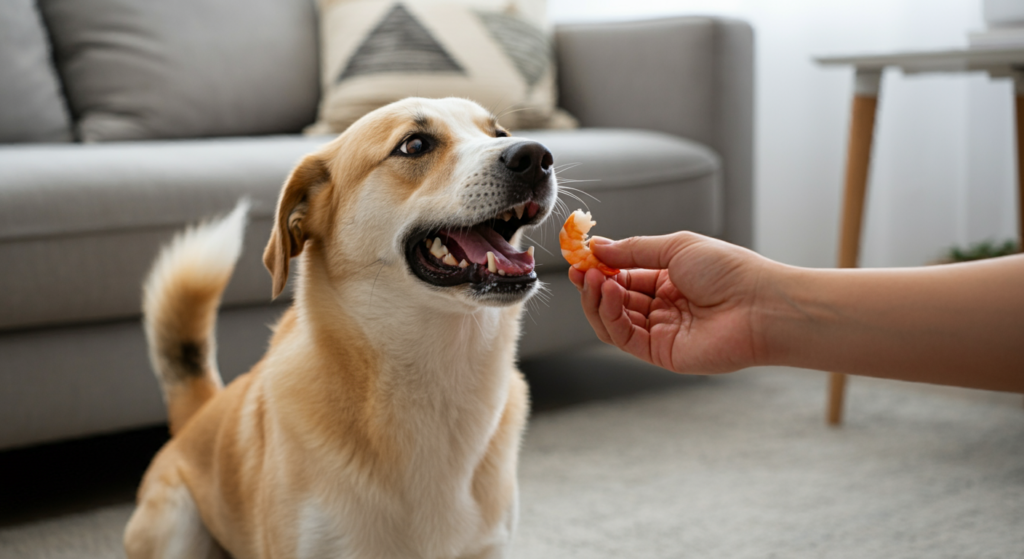 A happy dog being hand-fed a cooked prawn in a cosy living room with a neutral-coloured sofa and cushions in the background.
