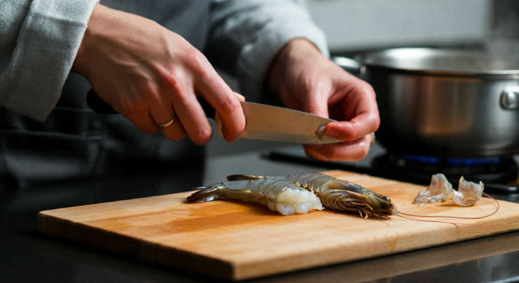 Close-up of hands peeling and deveining raw prawns on a wooden chopping board in a kitchen, with a boiling pot visible in the background.