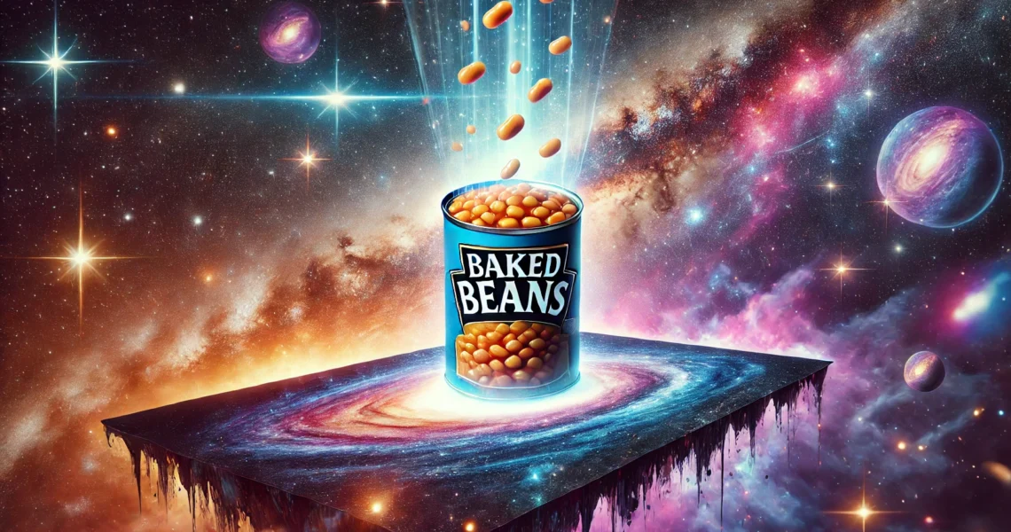 A futuristic can of baked beans floating above a glowing galaxy, with vibrant stars, colorful nebulas, and cosmic elements in the background. Includes the Woofypedia logo in the top left corner.