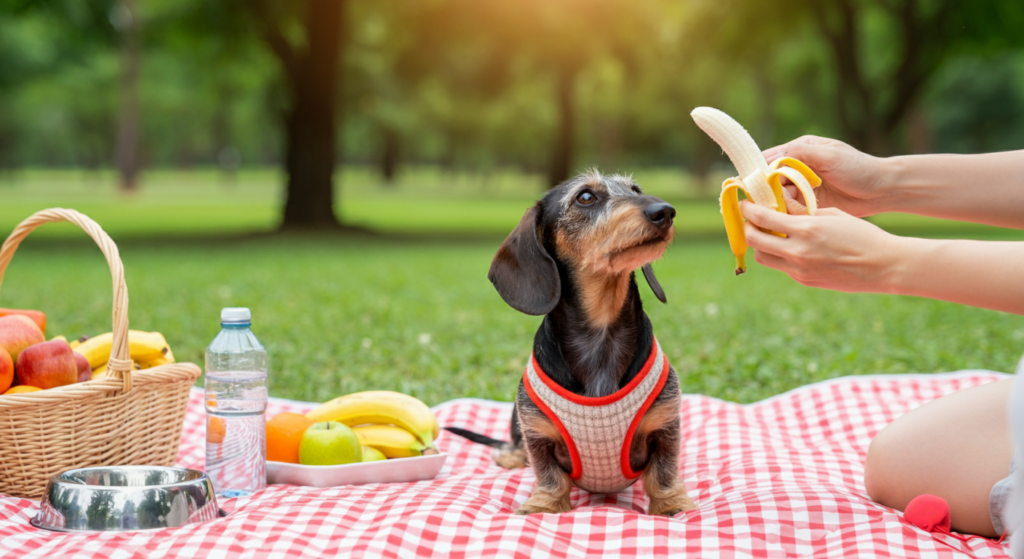 A cute Dachshund wearing a red harness sits on a red-checkered picnic blanket in a sunny park, eagerly looking at a peeled banana being offered by a person. A picnic basket with apples, bananas, and water sits nearby, creating a wholesome and dog-friendly outdoor scene.