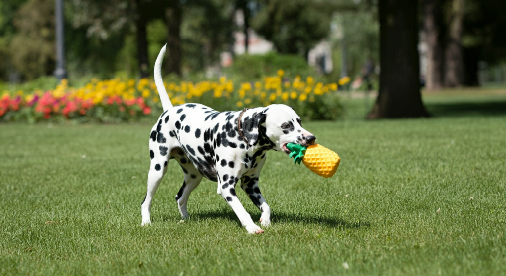 **Alt Text:** A playful Dalmatian carrying a pineapple-shaped dog toy in its mouth while running across a grassy park. Bright yellow and red flowers bloom in the background, creating a vibrant outdoor setting perfect for a fun and active day.