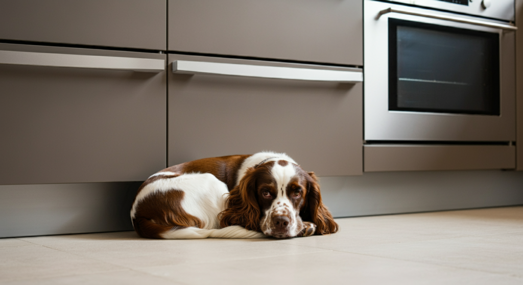 A brown-and-white dog lying on a tiled kitchen floor, curled up against the base of a cabinet, with a worried expression.