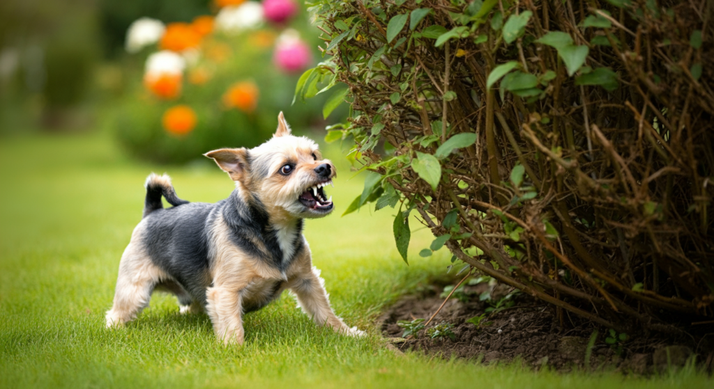 A small dog growling and baring its teeth at a bush in a garden, standing on green grass with colorful flowers in the background.