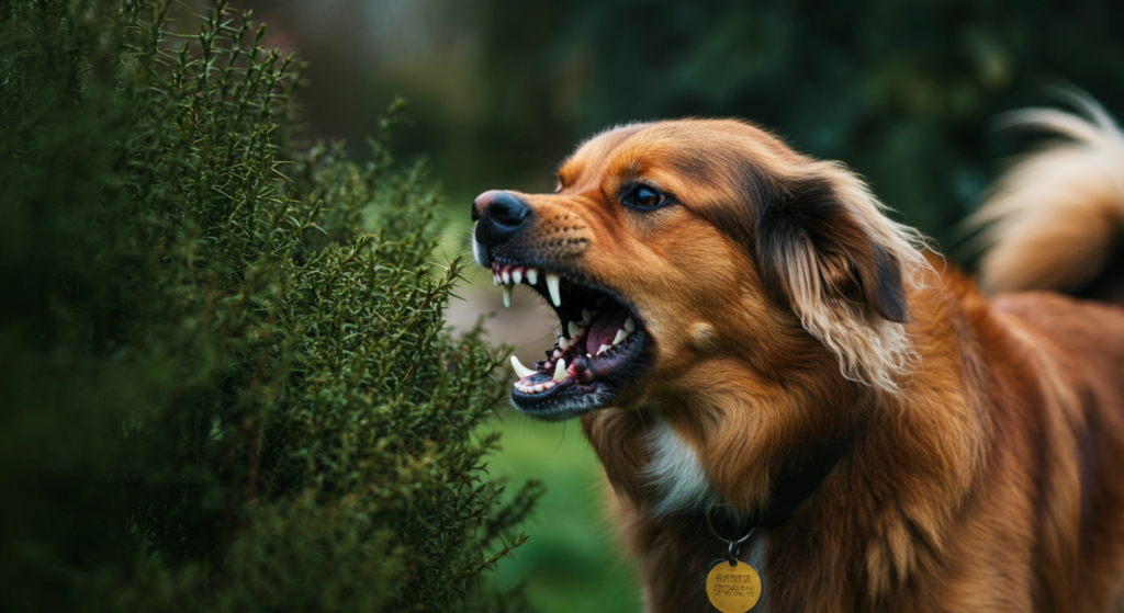 A brown dog growling and baring its teeth near a bush, with a tense expression and a visible name tag on its collar.