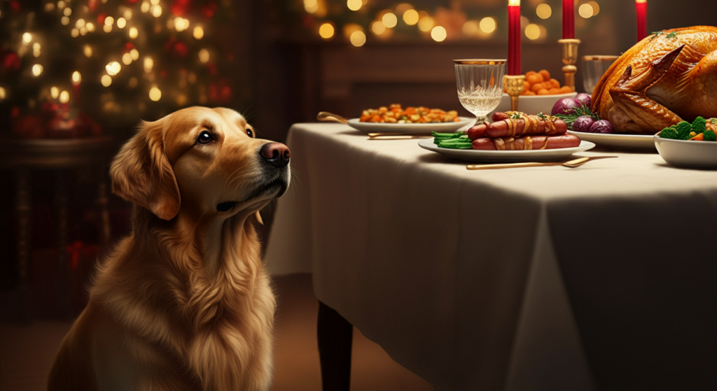 **Alt Text:** A golden retriever sits attentively next to a beautifully set Christmas dinner table adorned with a roasted turkey, pigs in blankets, vegetables, and festive candles. In the background, a glowing Christmas tree adds warmth to the cozy, festive atmosphere.