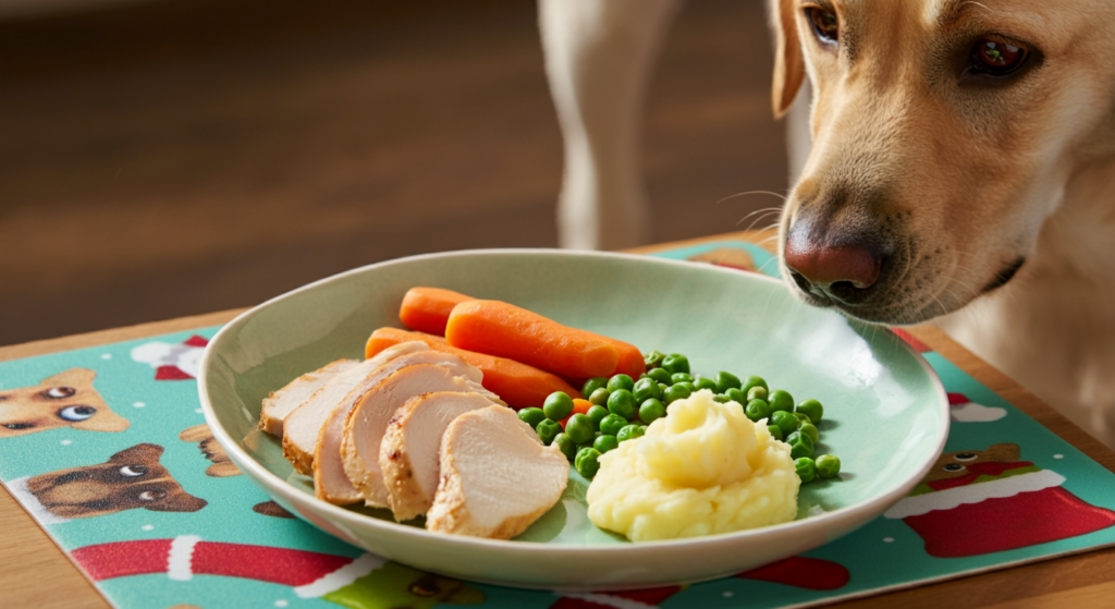 **Alt Text:** A Labrador curiously sniffs a dog-friendly Christmas meal served on a festive placemat with a cartoon dog design. The plate contains sliced turkey, steamed carrots, peas, and a small portion of plain mashed potatoes. The setting is warm and cozy, reflecting a thoughtful inclusion of pets in holiday celebrations.