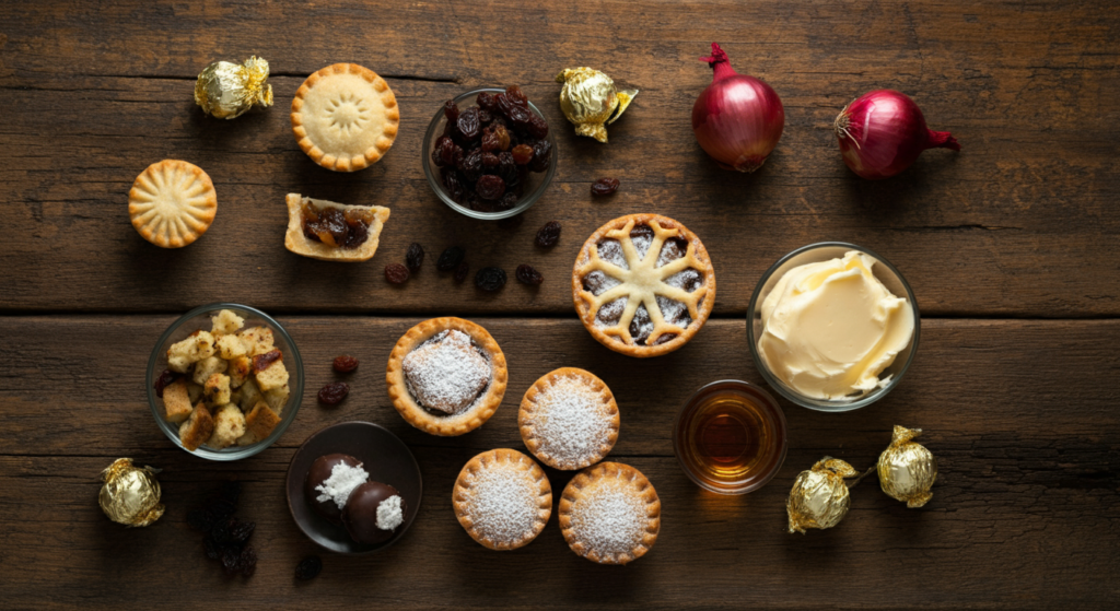 **Alt Text:** A flat lay of traditional Christmas foods that are unsafe for dogs displayed on a rustic wooden table. Items include mince pies, bowls of raisins, stuffing, brandy butter, chocolates, onions, and a glass of brandy. Each element is clearly visible to emphasize the risks these foods pose to pets during the holiday season.