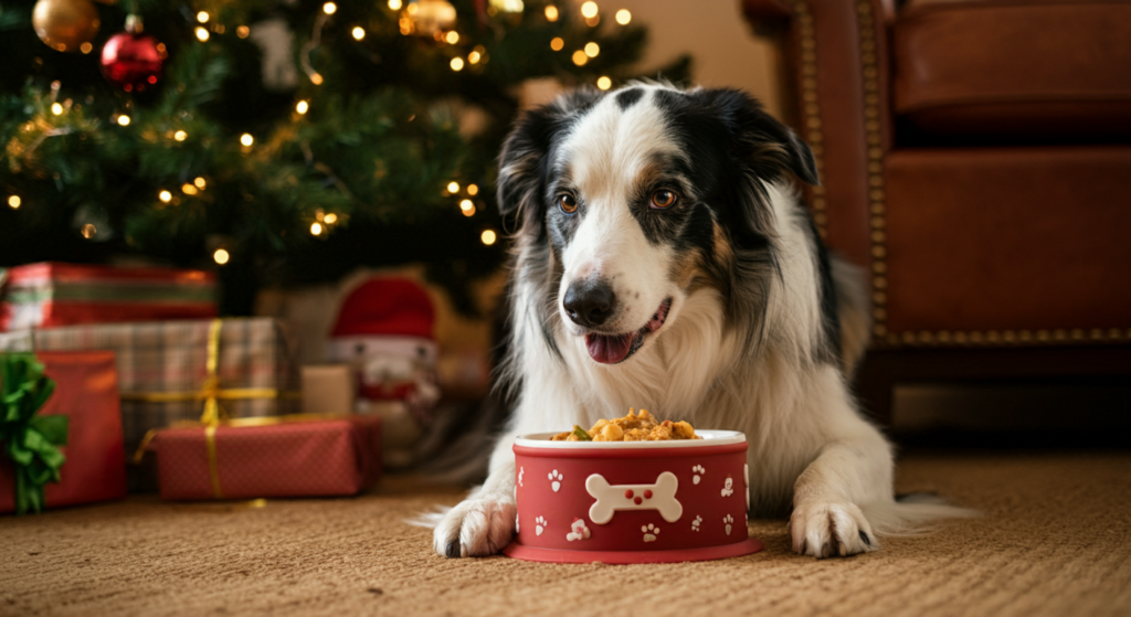 **Alt Text:** A happy Border Collie enjoys a festive meal from a red dog bowl with paw and bone designs, sitting on a cozy carpet in front of a beautifully decorated Christmas tree. Wrapped presents and glowing lights create a warm and cheerful holiday setting, highlighting the joy of including pets in the Christmas celebrations safely.