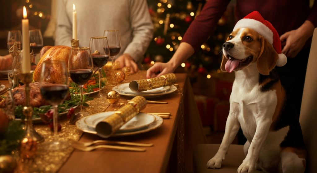 **Alt Text:** A cheerful Beagle wearing a festive Santa hat sits at a beautifully decorated Christmas dining table, surrounded by golden crackers, lit candles, and elegant plates. The table features a roasted turkey, glasses of red wine, and festive garnishes. In the background, a decorated Christmas tree glows warmly, adding to the joyful holiday atmosphere.