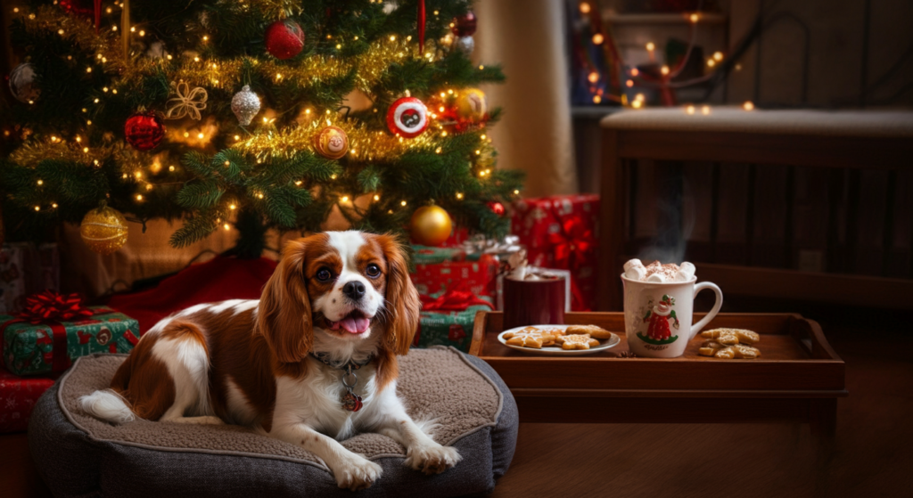 **Alt Text:** A Cavalier King Charles Spaniel rests comfortably on a plush dog bed in front of a beautifully decorated Christmas tree with glowing fairy lights and ornaments. Surrounding the tree are wrapped presents, and a nearby wooden tray holds a festive mug of hot chocolate and a plate of Christmas cookies. The cozy scene captures the warmth and joy of the holiday season.