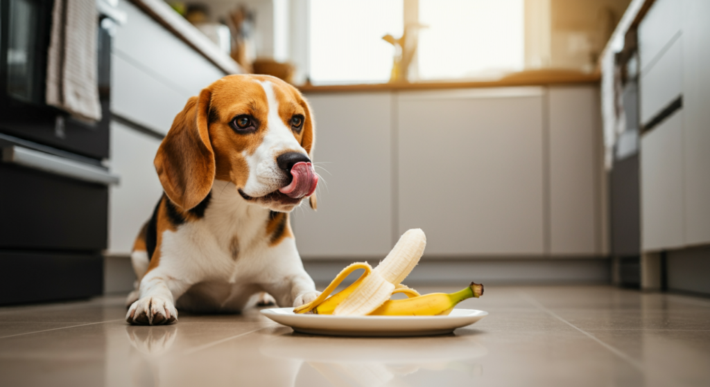 A curious Beagle in a modern kitchen licks its lips while looking at a plate of fresh bananas on the floor. The peeled banana and bright lighting highlight a clean and inviting space, emphasizing the dog’s anticipation for the healthy treat.