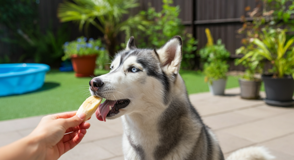 A Siberian Husky with bright blue eyes eagerly licks a slice of banana being offered by a hand in a sunny backyard. The background features potted plants, a grassy area, and a blue kiddie pool, creating a cheerful and pet-friendly outdoor setting.