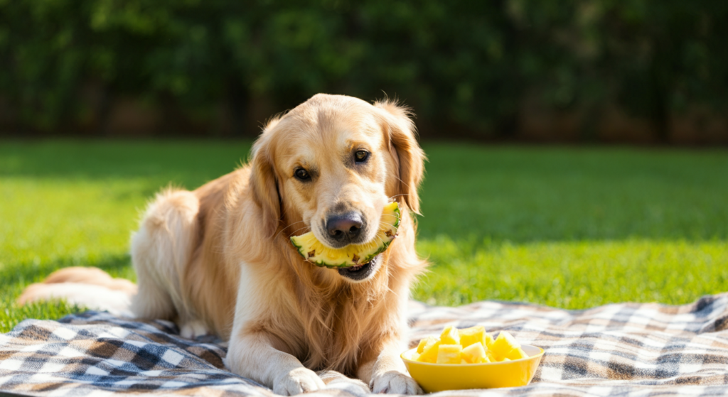 **Alt Text:** A golden retriever lying on a picnic blanket in a sunny garden, happily holding a slice of pineapple in its mouth. A bowl of fresh pineapple chunks sits nearby, showcasing a dog-friendly fruit snack. The vibrant green grass and natural setting add to the cheerful and healthy vibe.