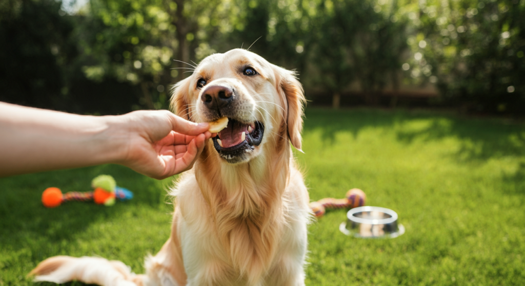 A happy Golden Retriever in a sunny backyard is being hand-fed a slice of banana. The background features a lush green lawn with colorful dog toys and a stainless steel water bowl, emphasizing a playful and relaxed environment.