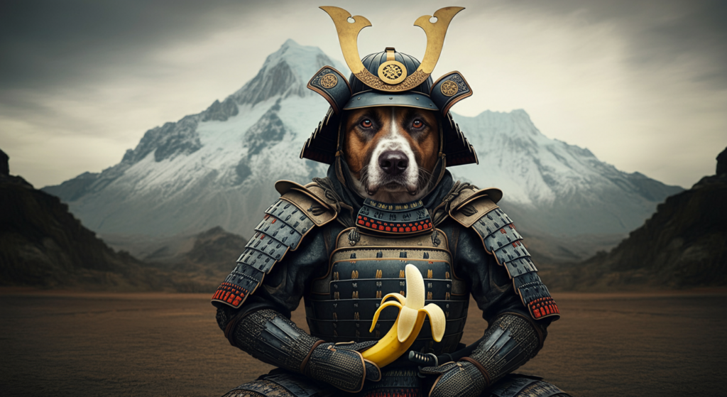 A Beagle dressed as a traditional samurai, complete with intricate armor and a kabuto helmet, sits stoically in front of a dramatic mountainous landscape. The dog holds a peeled banana, adding a playful and whimsical twist to the otherwise epic and serious setting.