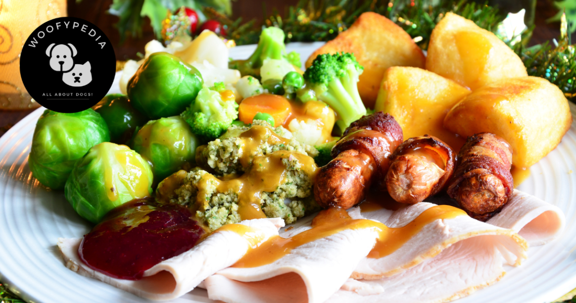 **Alt Text:** A close-up of a traditional Christmas dinner plate featuring slices of turkey, pigs in blankets, Brussels sprouts, broccoli, carrots, roast potatoes, stuffing, cranberry sauce, and a generous drizzle of gravy. The plate is festive and vibrant, with holiday decorations visible in the background, capturing the essence of a hearty Christmas meal. The "Woofypedia" logo in the corner ties the image to its dog-focused context.