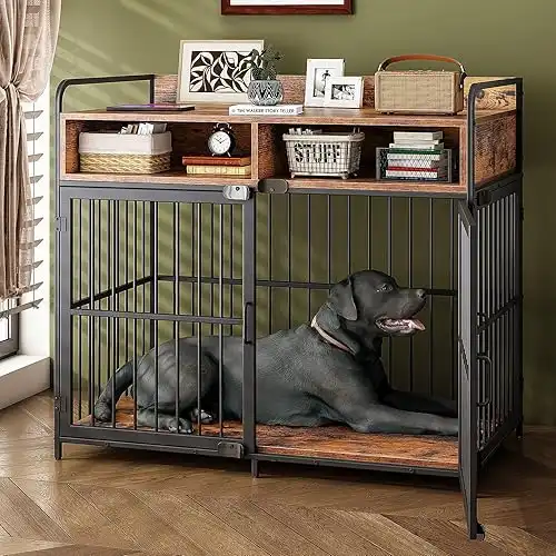 Large Dog Crate Furniture with Drawer Storage | Large Indoor Wood Dog Kennel | Heavy Duty Metal Dog Cage Table | 103 60 80CM - Rustic Brown